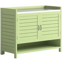 Outsunny Plantentafel met opbergkast van hout, buitenkast met verzinkt werkblad, 3 planken, 88x40x70,5 cm, groen(m-1)