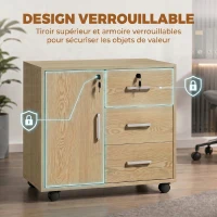 HOMCOM Caisson bureau meuble de rangement verrouillable avec 3 tiroirs et étagère réglable, roulettes, 40 x 60 x 56 cm, marron clair(m-5)
