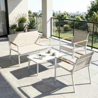 Outsunny Gartenmöbel Set Sitzgruppe für 4 Personen Atmungsaktiv Gartenlounge mit 2er Sofa 2 Sessel Metall-Tisch Fußpads(m-9)