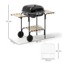 Outsunny Houtskoolbarbecue van staal, grillwagen met afsluitbare deksel, grillrooster, wielen, handgreep en houten plank, 98 x 54 x 91 cm, zwart(m-3)