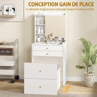 HOMCOM Coiffeuse avec miroir et tabouret de rangement mobile, table de maquillage, tiroirs, placard et étagères ouvertes, blanc(m-4)