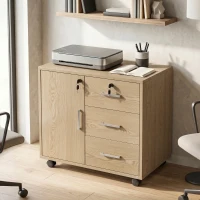 HOMCOM Caisson bureau meuble de rangement verrouillable avec 3 tiroirs et étagère réglable, roulettes, 40 x 60 x 56 cm, marron clair(m-16)