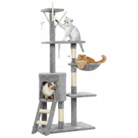 PawHut Kratzbaum Katzenbaum mit Höhle, 4 Spielzeuge, Sisalstämme, große Plattform, Treppe, für Katzen unter 5 kg, Grau(m-12)