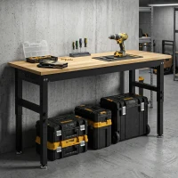 HOMCOM Banco da Lavoro in Legno e Acciaio Altezza Regolabile, 2 Prese AC, Capacità 900 kg, Color Legno e Nero(m-10)