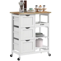 HOMCOM, Carucior de bucatarie, Cu 3 Sertare, MDF, Lemn de cauciuc, 67 x 37 x 85.5 cm, Alb(m-11)