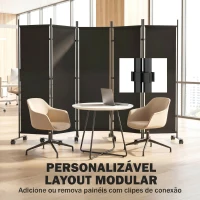 Outsunny Biombo Dobrável de 5 Painéis com 12 Rodas 252x170 cm Biombo Separador de Ambientes Preto(m-6)