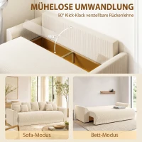 HOMCOM Schlafsofa 230 cm 3-Sitzer Sofa mit Schlaffunktion, Kissen, Stauraum, Cordstoff, Nosagunterfederung, für Wohnzimmer, Beige(m-4)