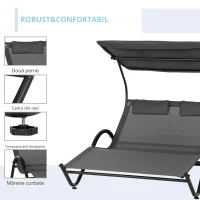 Outsunny Șezlong Dublu de Grădină pentru 2 Persoane, cu Acoperiș Parasolar și Roți, Pat de Exterior Reglabil pentru Curte, Terasă sau Piscină(m-6)