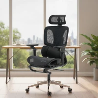 HOMCOM Bürostuhl Ergonomisch Schreibtischstuhl mit verstellbar Lenden- und Kopfstütze 6D-Klapparmlehnen Fußstütze Netz Schwarz(m-10)