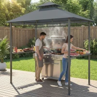 Outsunny Grillpavillon 2,4 x 1,4 m, Windfest Grillüberdachung mit Doppeldach Lüftungsöffnung Seitenregalen(m-10)
