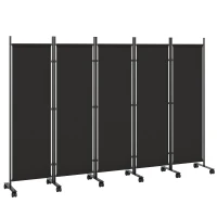 Outsunny Biombo Dobrável de 5 Painéis com 12 Rodas 252x170 cm Biombo Separador de Ambientes Preto(m-1)