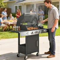 Outsunny Gasgrill 10,5 KW 3+1 Brenner BBQ Grillwagen Edelstahl inkl Seitenbrenner Flaschenöffner Thermometer Gusseisen-Grillrost(m-10)
