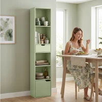 HOMCOM 6-Tier Bookcase, Tall Narrow Bookshelf with Drawer and Door - Green(m-8)
