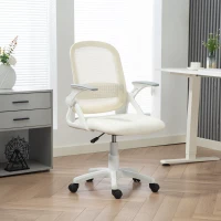 HOMCOM Atmungsaktiver Mesh-Bürostuhl, Ergonomischer Drehstuhl mit klappbaren Armlehnen und Lendenwirbelstütze, Weiß(m-10)
