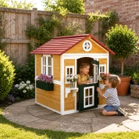 Outsunny Wooden Playhouse with Doors, Windows, Plant Pots, Boxes, for 3-8 Years - Beige(m-2)