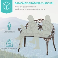 Outsunny Bancă de grădină 2 locuri din metal, bancă în stil retro, bancă de parc cu model floral 100 x 54 x 78 cm, Bronz(m-5)