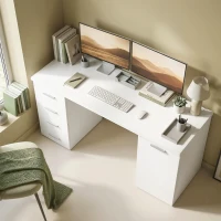 HOMCOM Computertisch mit 4 Schubladen und Schrank, 140 cm Schreibtisch für Arbeitszimmer, Weiß Holzoptik(m-10)