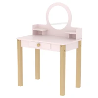 AIYAPLAY Coiffeuse enfant en bois avec miroir et tabouret, table de maquillage enfant avec tiroir et étagère, 3 à 6 ans, rose(m-8)