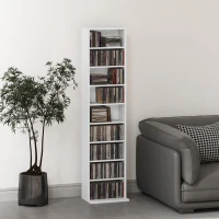 HOMCOM Estante para CDs e DVDs Suportes para CD Estreitos com 9 Compartimentos Prateleiras Ajustáveis 33x24x140 cm Branco(m-10)