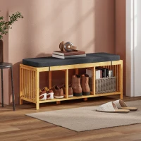 HOMCOM Bambus-Schuhbank, Flurbank mit gepolstertem Sitzkissen und offener Ablage, Naturholz-Optik(m-10)