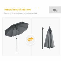 Outsunny Umbrela de soare pentru plaja din Poliester si Otel cu 8 Nervuri, cu Tetiera care se Inclina la 45° si Design in 2 Sectiuni, Ø180x209 cm, Gri(m-4)