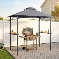 Outsunny Grillpavillon Gartenzelt Grill Pavillon Balkonpavillon mit Ablagen Flammhemmendes Doppeldach Grau 245 x 148 x 252 cm(m-10)