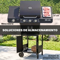 Outsunny Barbacoa de Gas BBQ con 3+1 Quemadores 11,6 KW 2 Mesas Laterales Armario de 2 Puertas Termómetro y 2 Ruedas Acero Inoxidable 110x50x100 cm Negro(m-6)
