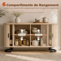 HOMCOM Buffet salon, meuble de rangement ovale avec 2 portes coulissantes et étagères réglables, 140x40x75cm, bois naturel(m-5)