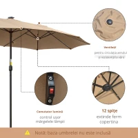 Outsunny Umbrela de soare de Gradina 4,5 m cu 48 de Lumini LED cu Energie Solara, Umbrala de Soare Dublă cu Manivela, Kaki(m-5)