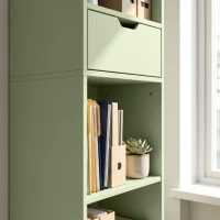 HOMCOM 6-Tier Bookcase, Tall Narrow Bookshelf with Drawer and Door - Green(m-9)