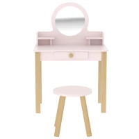 AIYAPLAY Coiffeuse enfant en bois avec miroir et tabouret, table de maquillage enfant avec tiroir et étagère, 3 à 6 ans, rose(m-9)