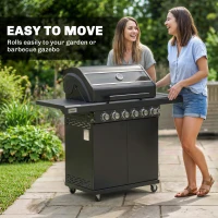 Outsunny 6+1 Burner Gas BBQ Grill, Outdoor Barbecue Trolley with Wheels, Warming Rack, Thermometer, Bottle Opener, Black(m-9)