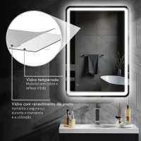 HOMCOM Espelho Casa de Banho com Luzes LED 70x100 cm Função Antiembaciamento 3 Temperaturas de Cor Ajustável e Função de Memória Prata(m-8)
