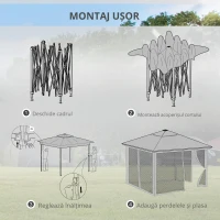 Outsunny Pavilion 3,3x3,3m rezistent la apă pop-up pliabil cu LED, acoperiș dublu, plasă anti-țânțari, 4 părți laterale, geantă(m-5)