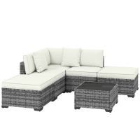 Outsunny Set Mobilier de Grădină din Ratan, 6 Piese, Fotoliu Colțar, Canapele fără Brațe, Suporturi pentru Picioare și Măsuță, Gri Amestecat