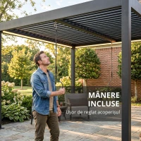 Outsunny Pergolă 3x3 m acoperiș terasă din aluminiu cu iluminare LED, telecomandă, acoperiș cu lamele reglabil(m-4)