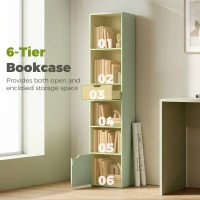 HOMCOM 6-Tier Bookcase, Tall Narrow Bookshelf with Drawer and Door - Green(m-4)