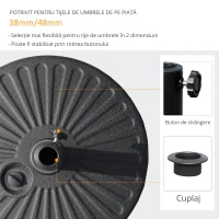 Outsunny Baza pentru Umbrela de Gradina cu Stalp Central Φ3.8cm si 4.8cm, Soclu pentru Umbrela care se Umple cu Apa sau Nisip, Negru(m-6)