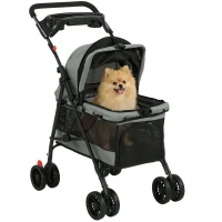 PawHut Hundewagen Faltbar Hundebuggy mit Kissen Netzfenstern Getränkehalter 360° drehbare Räder für kleine Hunde bis 10kg Grau(m-12)