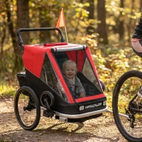 AIYAPLAY Reboque de bicicleta para crianças, 2-Lugares, reboque infantil dobrável 2-em-1 com assento e cintos ajustáveis, Vermelho(m-2)