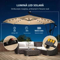 Outsunny Umbrelă de Grădină Suspendată cu LED-uri Solare, 3x3m, Bej(m-7)