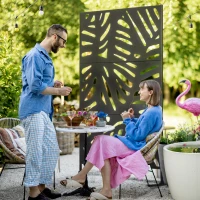 Outsunny Biombo de 3 Painéis 122x198 cm Biombo Separador de Ambientes com Suporte Design de Folhas Preto(m-2)