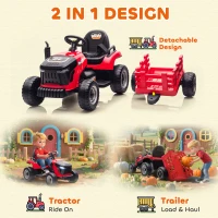 AIYAPLAY 2 in 1 Trattore Elettrico per Bambini 3-8 Anni con Rimorchio Staccabile, Telecomando, Musica, Luci, Rosso(m-4)