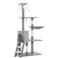 PawHut Kratzbaum Katzenbaum mit Höhle, 4 Spielzeuge, Sisalstämme, große Plattform, Treppe, für Katzen unter 5 kg, Grau(m-1)