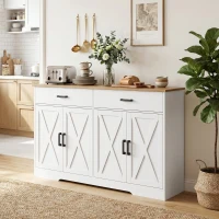 HOMCOM Aparador buffet, armario de cocina estilo granja de 140 cm con 2 cajones y 2 armarios, Blanco(m-6)