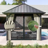 Outsunny Pavilion cu acoperiș solid 3 x 3 m, pavilion de grădină cu acoperiș metalic, cort de grădină impermeabil cu plasă și pereți laterali, Gri închis(m-4)