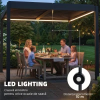 Outsunny Pergolă 3x3 m acoperiș terasă din aluminiu cu iluminare LED, telecomandă, acoperiș cu lamele reglabil(m-9)