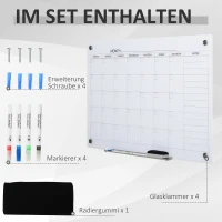 Vinsetto kalenderbord glasplaat met 4 glasclip markers gum aluminium pennenhouder magneetbord voor maandplanning magnetische weekplanner planbord wit 90 x 60 x 0,2 cm(m-4)