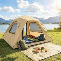 Outsunny Instant Pop-up Tent met Regenscherm, Waterdichte Koepeltent voor 3-4 Personen met 2 Deuren en 2 Ramen, 240x240x160 cm, Khaki(m-10)