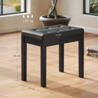 HOMCOM Banco de piano, revestimento em couro sintético, botões capitonê, compartimento de armazenamento, pés de madeira, Preto(m-3)